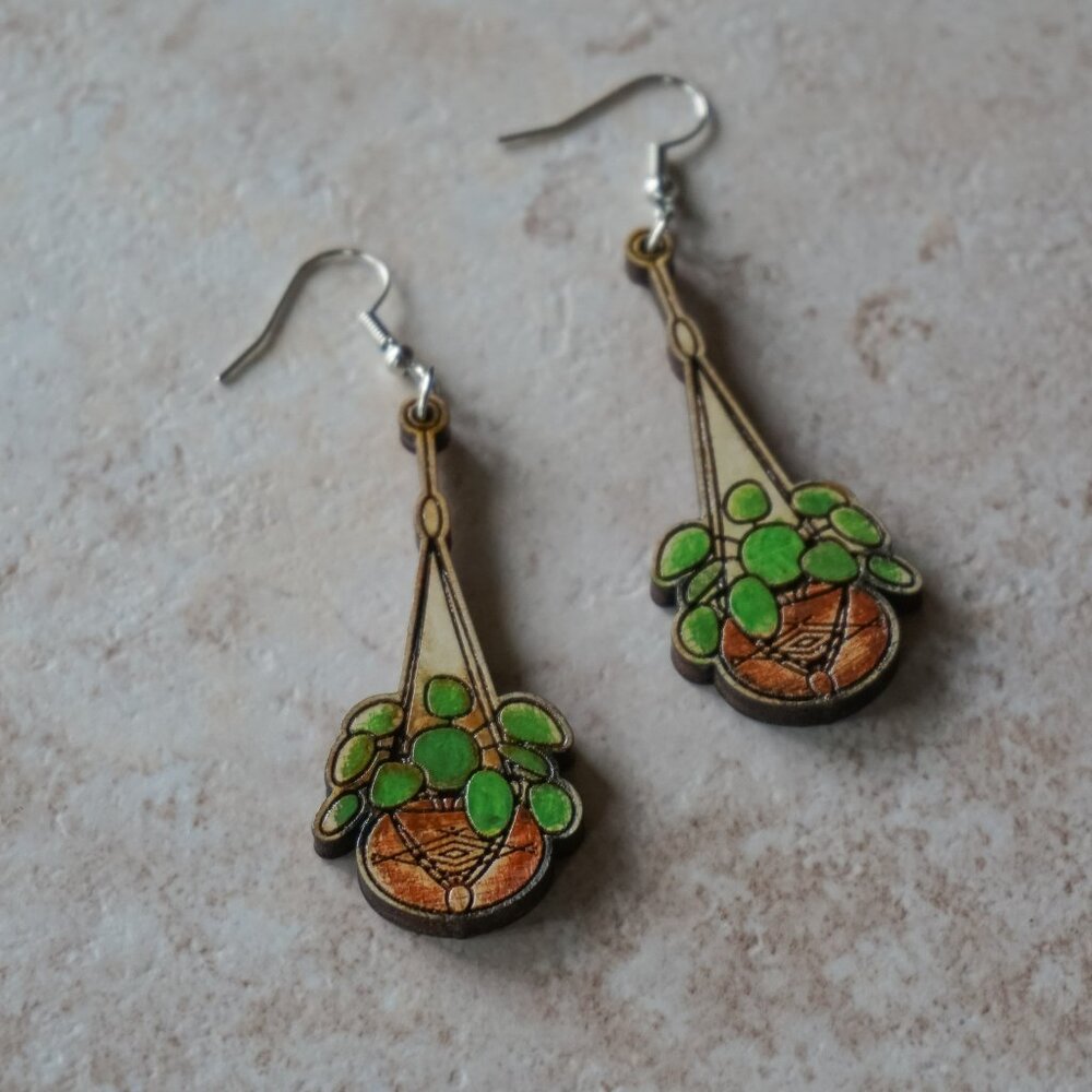 Boho Plant Earrings | Wood Handpainted Pilea Earrings | Hanging Basket Jewelry